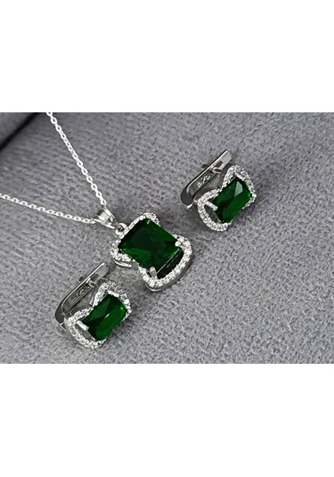 Lilahgümüştr Gümüş Yeşil Baget Taşlı Kadın Kolye Küpe