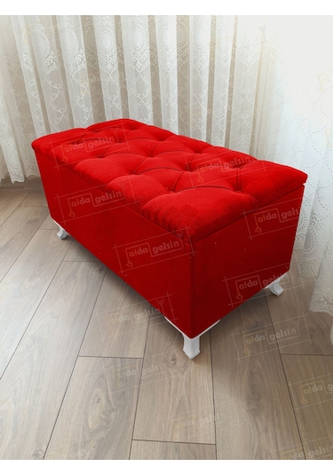 Sandıklı Kapitoneli Ayakucu Puf Bench 110 Cm Beyaz Ayak Kırmızı