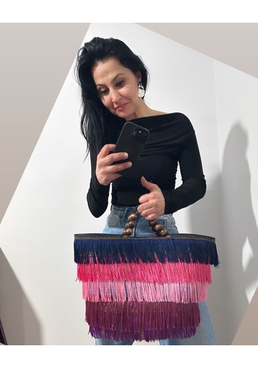 Hasır Çanta, Plaj Çantası, Tasarım Çanta, Renkli Püsküllü El Çantası Lacivert