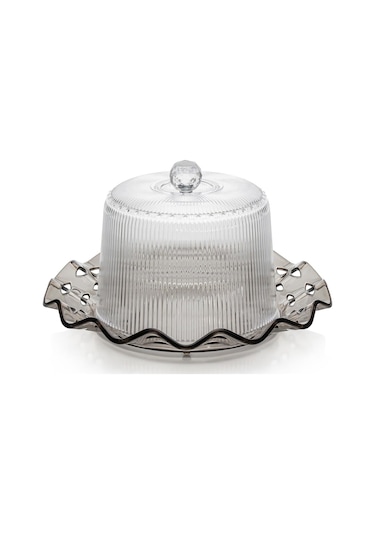 Akrilik Barok Füme Renk Kek Fanus & Kek Saklama Kabı & Şık Sunum Organizeri 26 Cm Füme