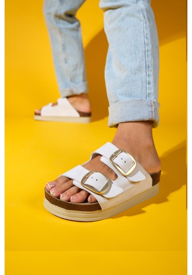 Harbor Beyaz Süet Çift Bantlı Hakiki Deri Kadın Kalın Tabanlı Terlik Beyaz