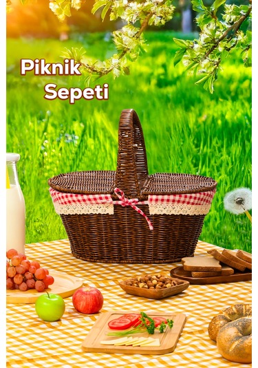 Porsima 2080 Oval Hasır Görünümlü Piknik Sepeti Piknik Çantası 41x35cm Kahve