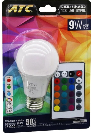 Atc-rgb-9w Kumandalı 9w 60w Rgb 16-renkli Led Ampul E27 800 Lümen 6500k 25.000 Saat Ömür