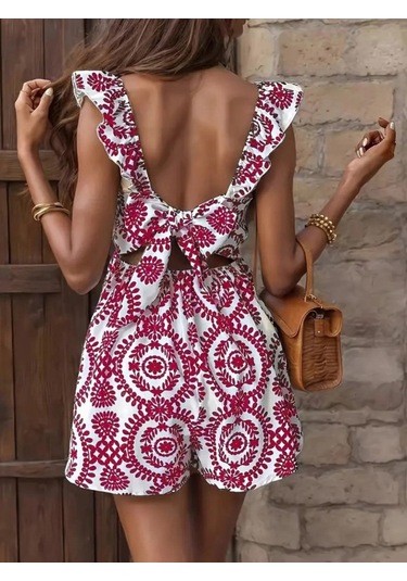 The İstanbul Kadın Askılı Kare Yakalı Arkadan Bağcıklı Desenli Keten Tulum Bordo