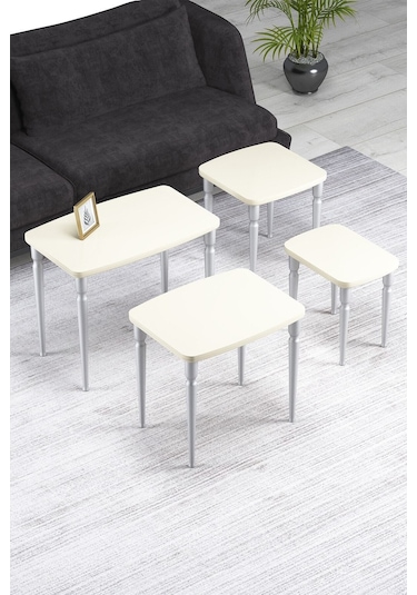 Imaj Mdf Ve Lake Boya, Krem 4lü Zigon Sehpa Takımı, Doğal Vernikli Gürgen Ayaklar Sehpalar Krem Ayaklar Gümüş