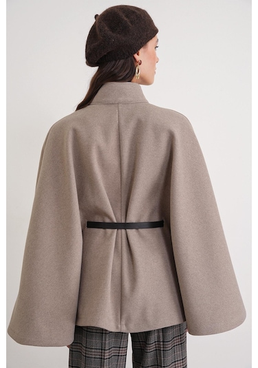 4768 Kadın Kemerli Panço Premium Kaşe Ceket Vizon VIZON