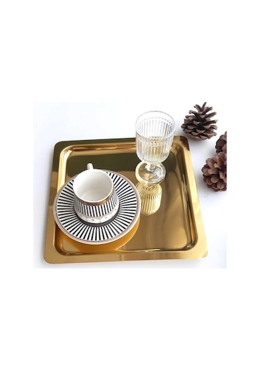 Abant 6 Adet Gold Altın Kare Paslanmaz Çelik Kahve Servis Sunum Tepsi & Tabağı (21X21Cm)