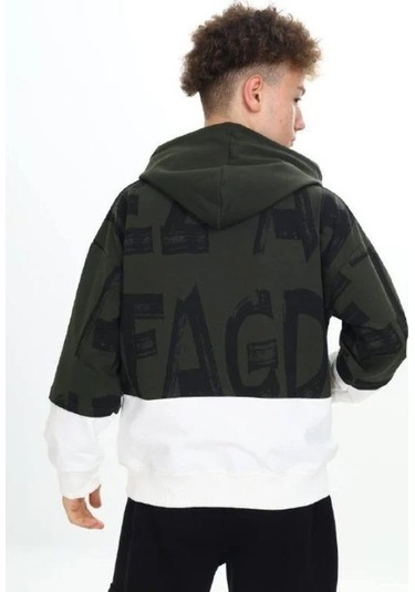 Çocuk Kapüşonlu Harf Desenli Kanguru Cepli Sweatshirt-14800 Haki