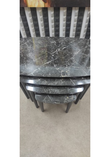 4 Lü Mdf Lam Ahşap Zigon Sehpa Siyah Mermer