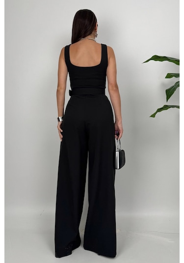 Noir Flow Kadın Siyah Kemerli Askılı Bol Paça Tulum Zarif Şıklık Siyah
