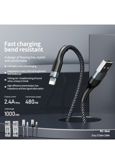 Remax Rc-064i Sury 2 Serisi 1m 2.4a Usb'den İphone Uyumlu, İpad İçin 8 Pin Veri Kablosu Siyah