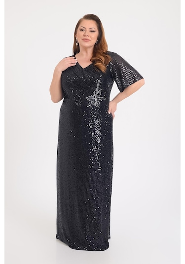 Lilas Xxl Kadın Büyük Beden Pul Payetli V Yaka Uzun Abiye Elbise 9646 Siyah Siyah