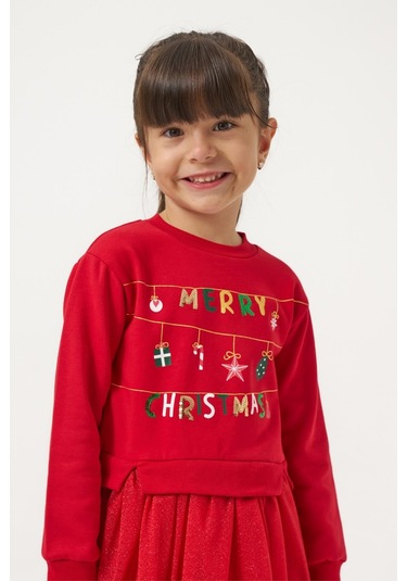 Kız Çocuk Merry Simli Kız Yılbaşı Elbisesi Nbk-24905 Kırmızı