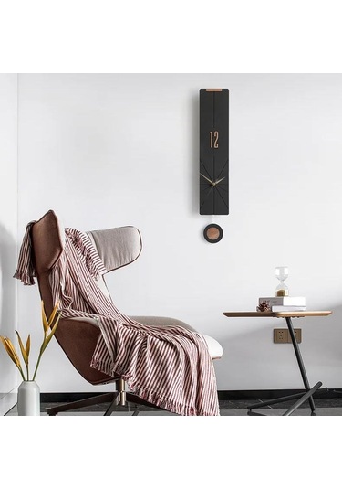Cajuart Modern Uzun Ahşap Siyah Çarpraz Çizgili Sarkaçlı Duvar Saati