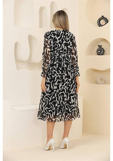 Neşeli Butik Kadın Siyah Desenli Şifon Elbise Rssn32 Siyah