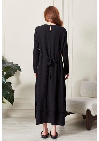 Cep İşlemeli Uzun Keten Elbise - Zarif Ve Rahat Siyah