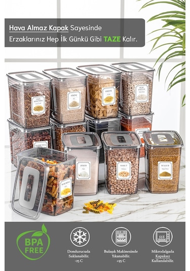 Meleni Home 12'li Mega Set - 3,5 Litre Lena Etiketli Erzak Saklama Kabı - Kiler Dolap Düzenleyici Bakliyat Kabı