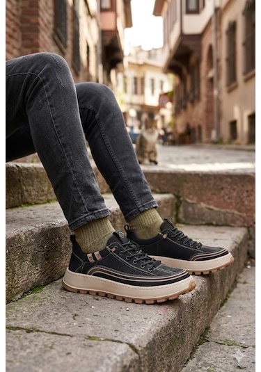 Guja 26y514 Rahat Hafif Taban Tekstil Lastik Bağcıklı Sneaker Erkek Ayakkabı Siyah