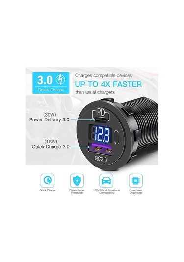 Novahub Mavi Pd Tip C Qc 3.0 Usb Araç Hızlı Şarj Güç Çıkışı Soketi İle On/off Anahtarı Ve Motosiklet Deniz Rv Atv İçin Led Voltmetre Mavi