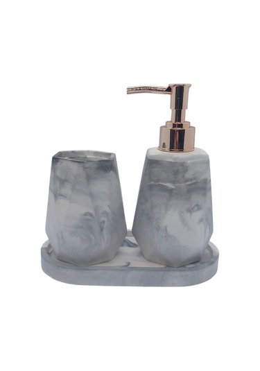 5'li Taş Banyo Seti Sıvı Sabunluk Diş Fırçalık Kase Tepsi Set Beyaz - Gri Mermer Desenli Gri