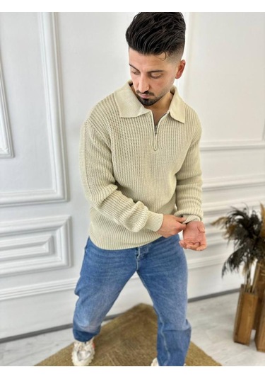 Kazak Oversize Tüylenmez Naturel Pamuk Fermuarlı Polo Yaka Örme Triko Kazak Krem