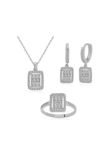 Baget Taşlı Rodyum Kaplama Üçlü Gümüş Set