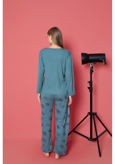 Lukitus Sıfır Yaka Pamuklu Düğmeli Kadın Pijama Takımı İnt-01 Mavi
