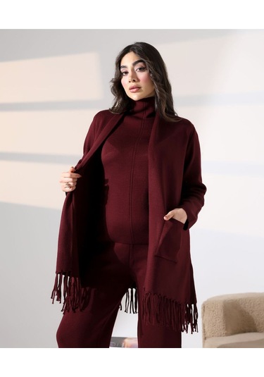 Bohem Şıklık Püskül Detaylı Üçlü Triko Takım Bordo