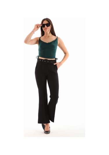 Kemerli Fermuarlı Yanlardan Cepli Geniş Paça Dabıl Kumaş Siyah