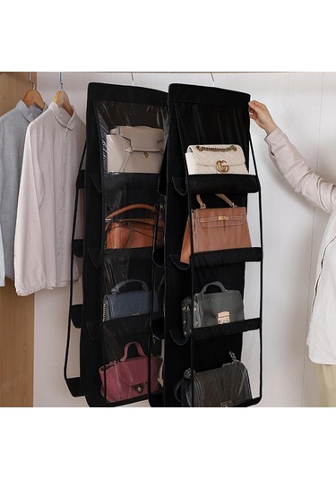 Qingmipy Siyah Duvar Takılı Çanta Organizerı - 4 Katlı 8 Cep İçerikli, Dönüştürülebilir Kanca, Transparan Pvc, Gardırop Çekmecesi, Ev Kullanıma Uygun Siyah
