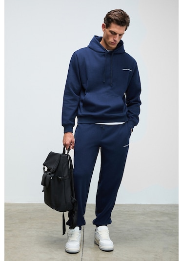 MARSHALLHOODIE Erkek Pamuklu İçi Polarlı Nakışlı Relaxed Koyu Lacivert Eşofman Takımı