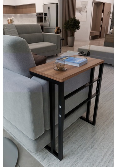 Steel Design Metal Ayaklı Yan Sehpa Laptop Çalışma Masası Sehpa Ceviz