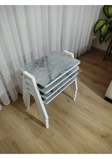 Zigon Sehpa 4'lü Mermer Desenli Tepsi Model Buz Mermer Desen Beyaz Ayak Buz Gri Mermer Desenli
