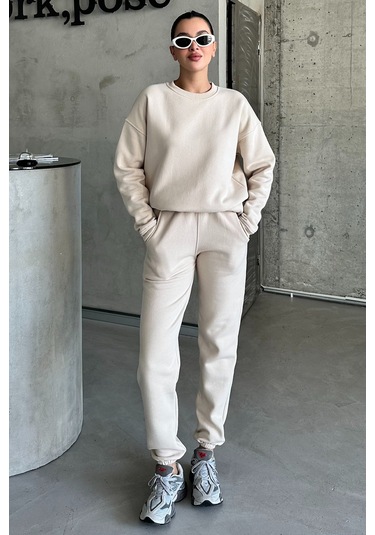 Modagen Unisex Bej Bisiklet Yaka Düz Oversize Alt-üst Eşofman Takımı Bej