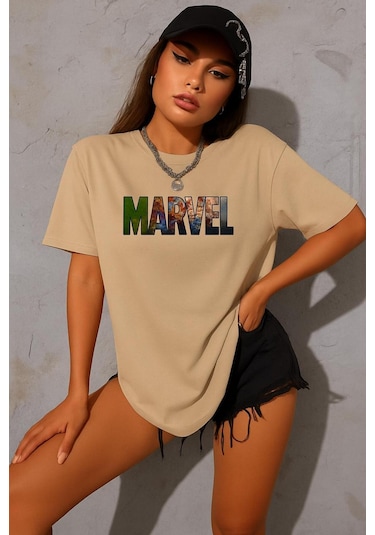 Marvel Baskılı Oversize T-shirt Bej