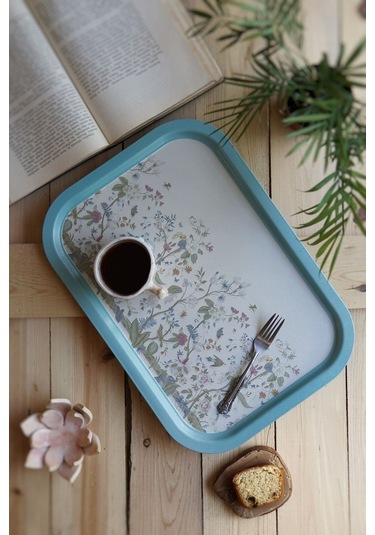 Flora Desenli Büyük Metal Tepsi, 28,5 X 40 Cm Desenli