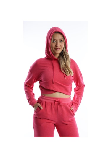Kadın Kruvaze Detaylı Kapüşonlu Crop Sweat Pembe