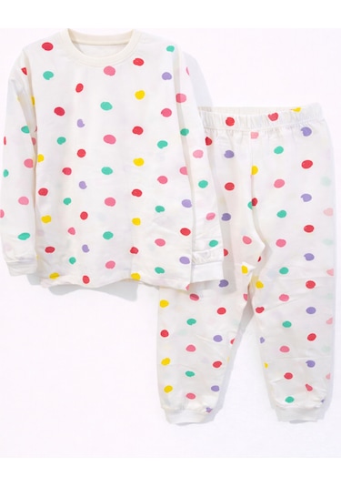 Renkli Puantiyeli Kız Çocuk Pijama Takımı Beyaz