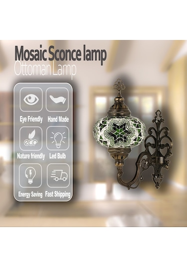 Dekoratif Mozaik Aplik Yeşil Renkli Duvar Lambası Yeşil