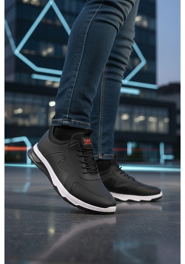 Siyah Kırmızı Lastik Bağcıklı Hafif Esnek Erkek Spor Ayakkabı Kaif 2323 M Siyah-kırmızı