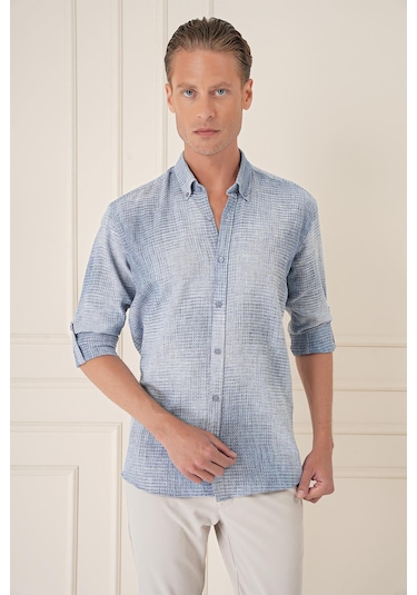 Efor Comfort Fit Batik Desen %100 Keten Mavi Gömlek G 1571 Mavi