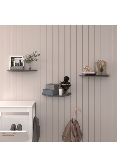 Doğal Modern Organizer Düzenleyici 3'lü Oval Dekoratif Kitaplık Banyo Mutfak Duvar Rafı Antrasit