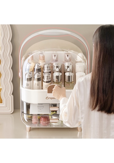Çekmeceli Kozmetik Organizer Makyaj Kutusu Fırça Takı Ve Aksesuar Düzenleyici Bej