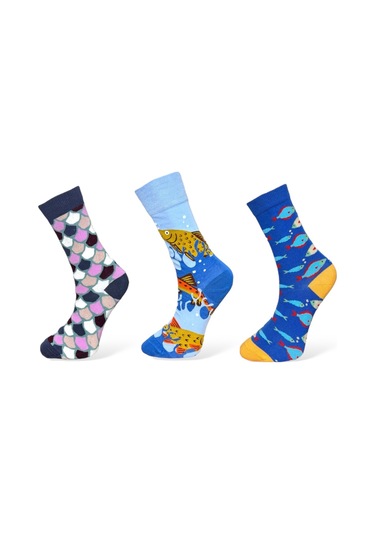 3'lü Unısex Balık Ve Geometrik Tasarımlı Esnek Nem Alabilen Pamuklu Spor Soket Çoraplar Çok Renkli