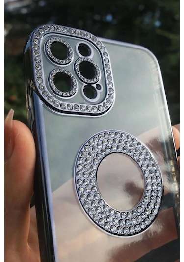 iPhone Uyumlu 13 Pro Kılıf Kamera Korumalı Taş Süslemeli Arkası Şeffaf Redclick Asya Kapak - Siyah