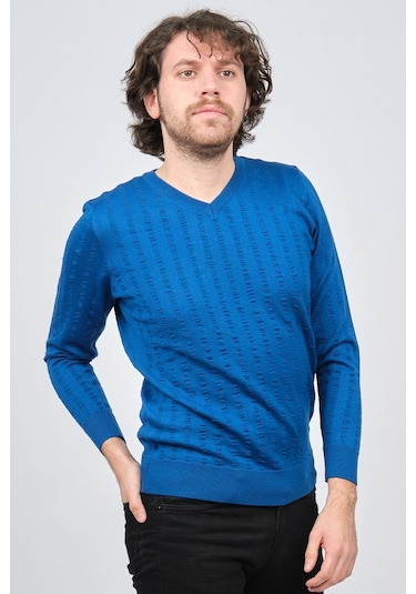 Desen Triko Erkek V Yaka Yün Kazak 0249626 Saks Saks Mavi Saks