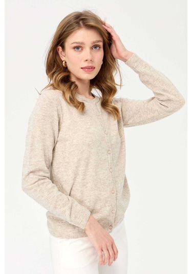 Desen Triko Kadın Sıfır Yaka Triko Yün Hırka 21031 V. Bej