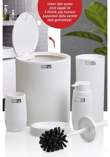 Çizgili 5 Parça Banyo Seti Çöp Kovası Tuvalet Fırçası Diş Fırçalık Sıvı Sabunluk Katı Sabunluk - Beyaz