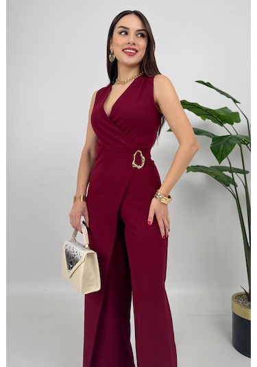 Crimson Icon Kadın Kemer Detaylı Askılı Bol Paça Bordo Tulum Rahat Şık Yazlık Kombin Bordo