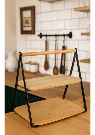 Bambu 2 Katlı Metal Raf Mutfak Banyo Düzenleyici Saplı Raf -